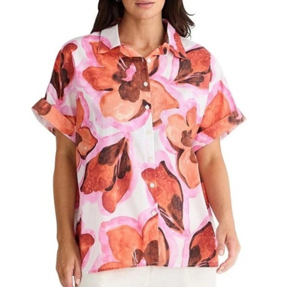 Brave True Alice Short Sleeve Womens M/L Azalea‎ Floral Print Button Down Blouse